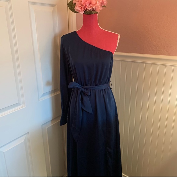 kirundo Dresses & Skirts - Navy Blue One-Shoulder Evening Dress with Tie Belt and Slit size Medium